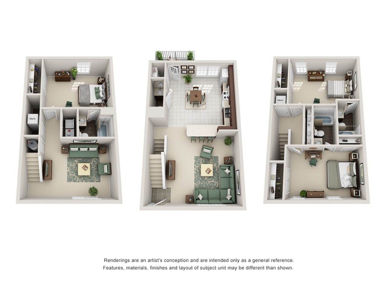 A 3D image of the 3BR/3.5BA – Upgraded floorplan, a  squarefoot, 3 bed / 3 bath unit