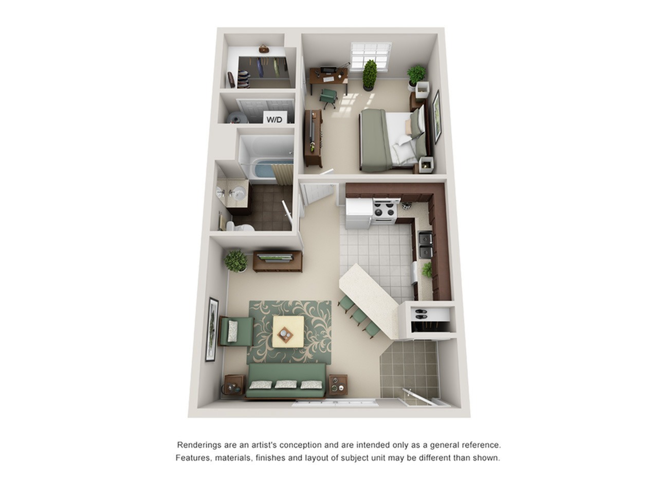 A 3D image of the 1BR/1BA – Upgraded floorplan, a  squarefoot, 1 bed / 1 bath unit